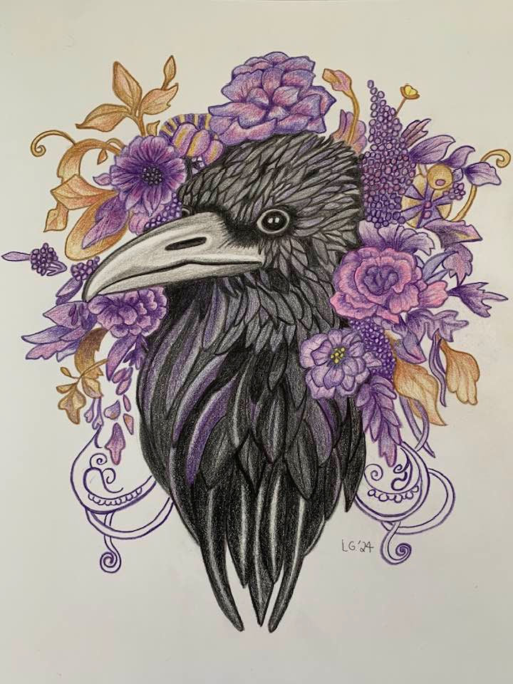 Raven with Purple Flowers