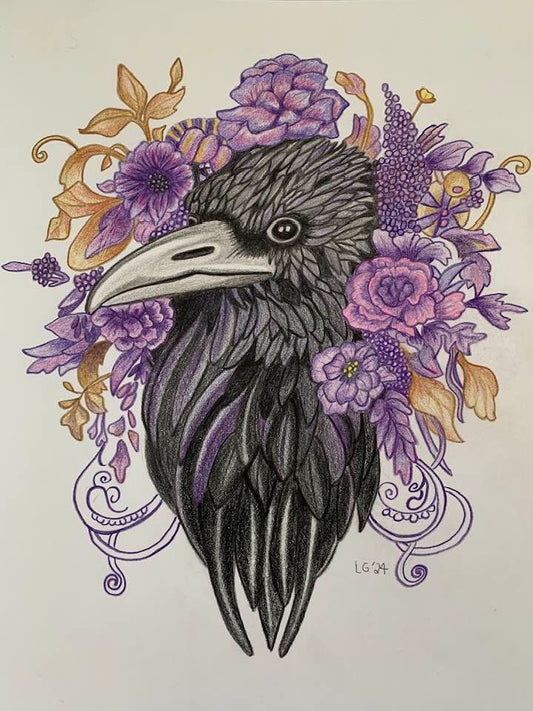 Raven with Purple Flowers